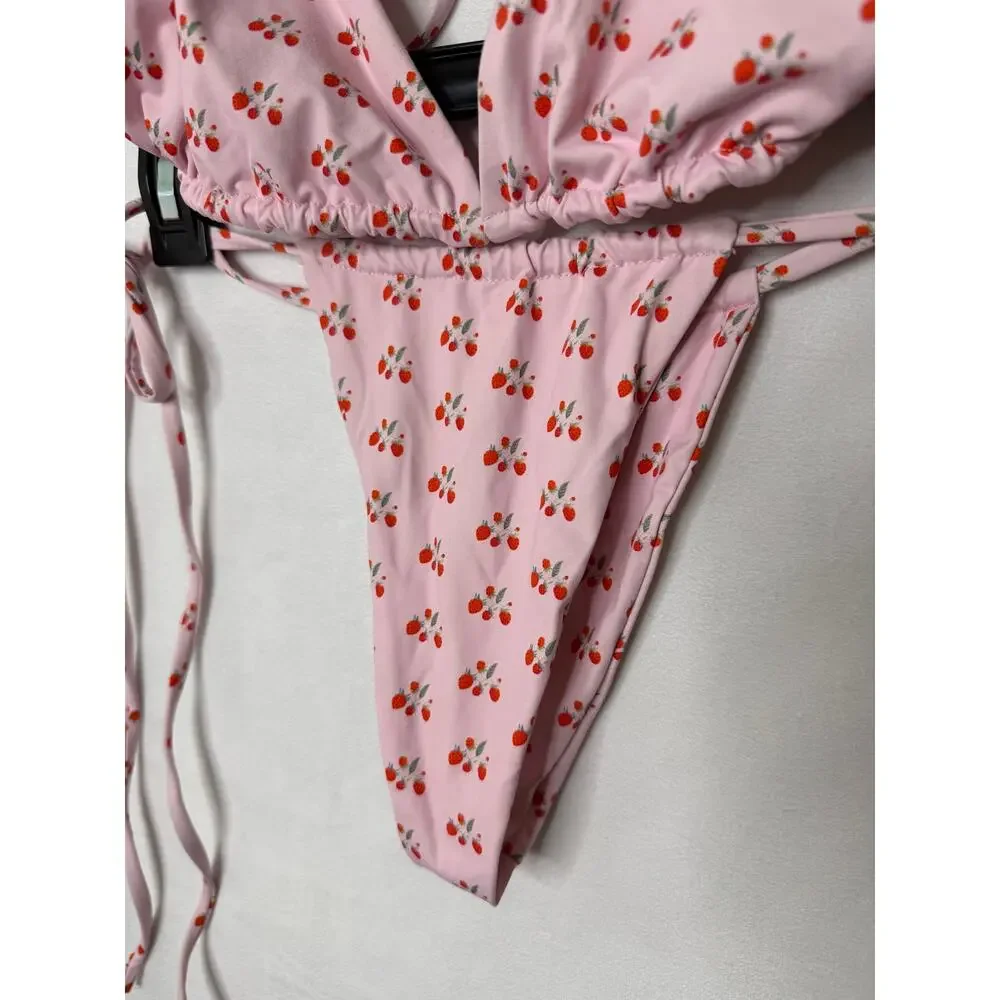 Frankie's Bikinis Pink Strawberry Shortcake Bikini Set Triangle String Tie Small